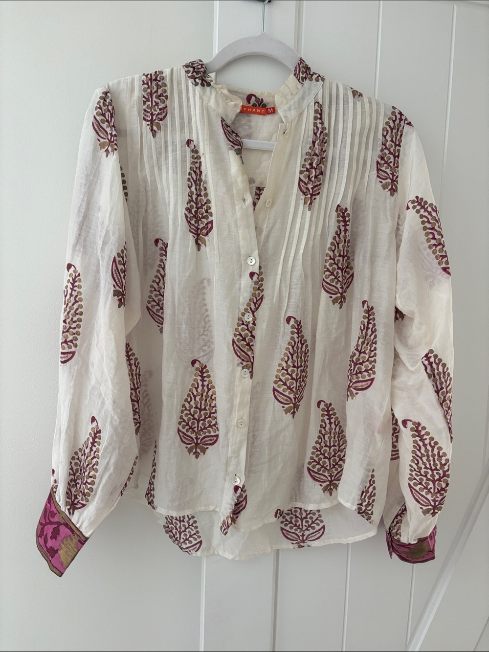 Oliphant White Button-Front Top with Burgundy Botanical Print
